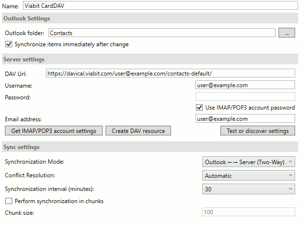 Outlook CardDAV settings screenshot