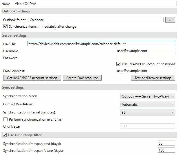 Outlook CalDAV settings screenshot