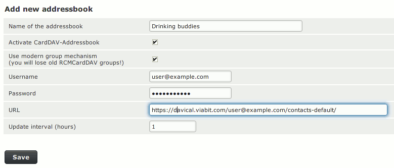 Screenshot of the CardDAV setting values in place