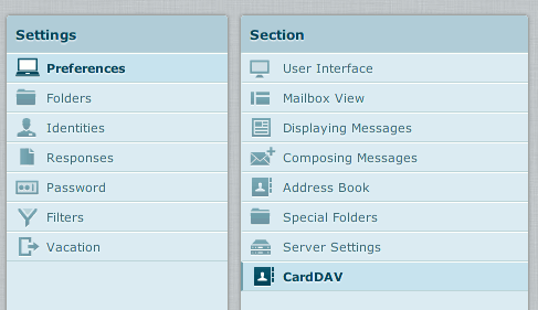 Screenshot of the CardDAV settings menu item
